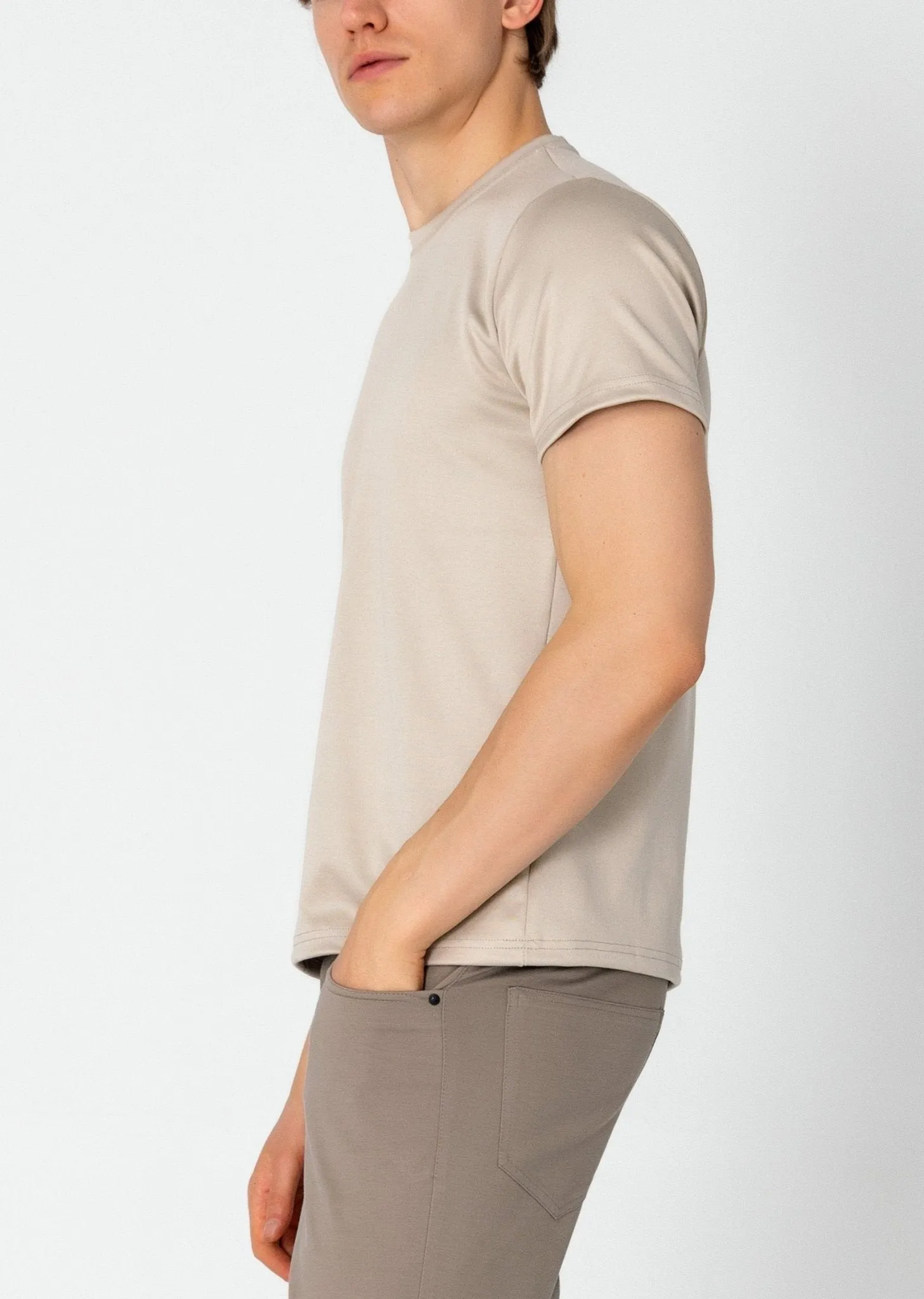 Double Knitted Luxurious Glow Crew Neck T-Shirt - Beige