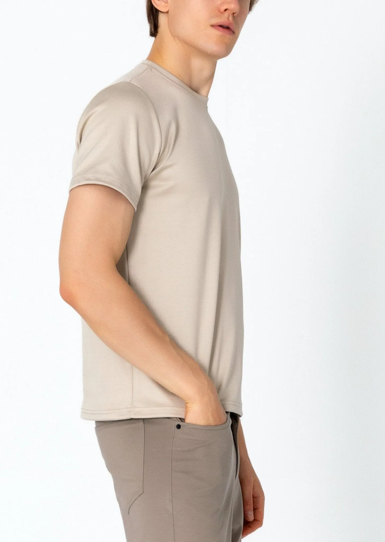 Double Knitted Luxurious Glow Crew Neck T-Shirt - Beige