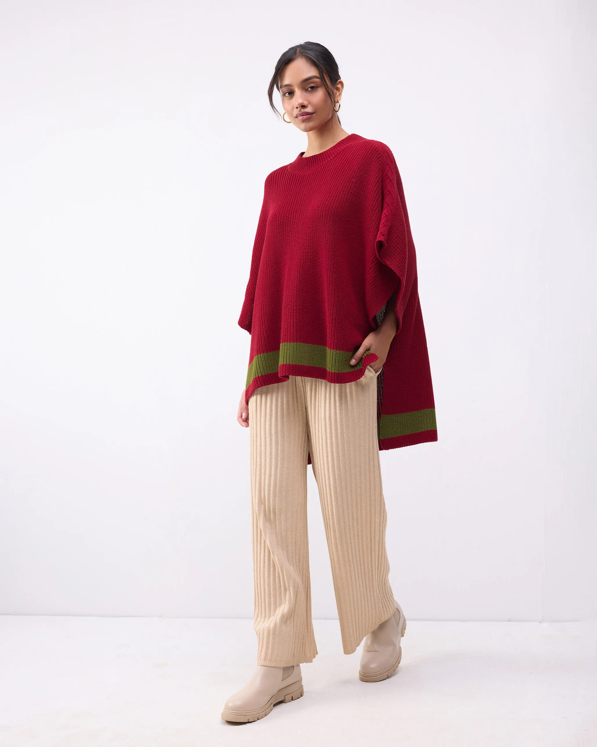 Dream High-low Hem Sweater - Red & Green Stripes