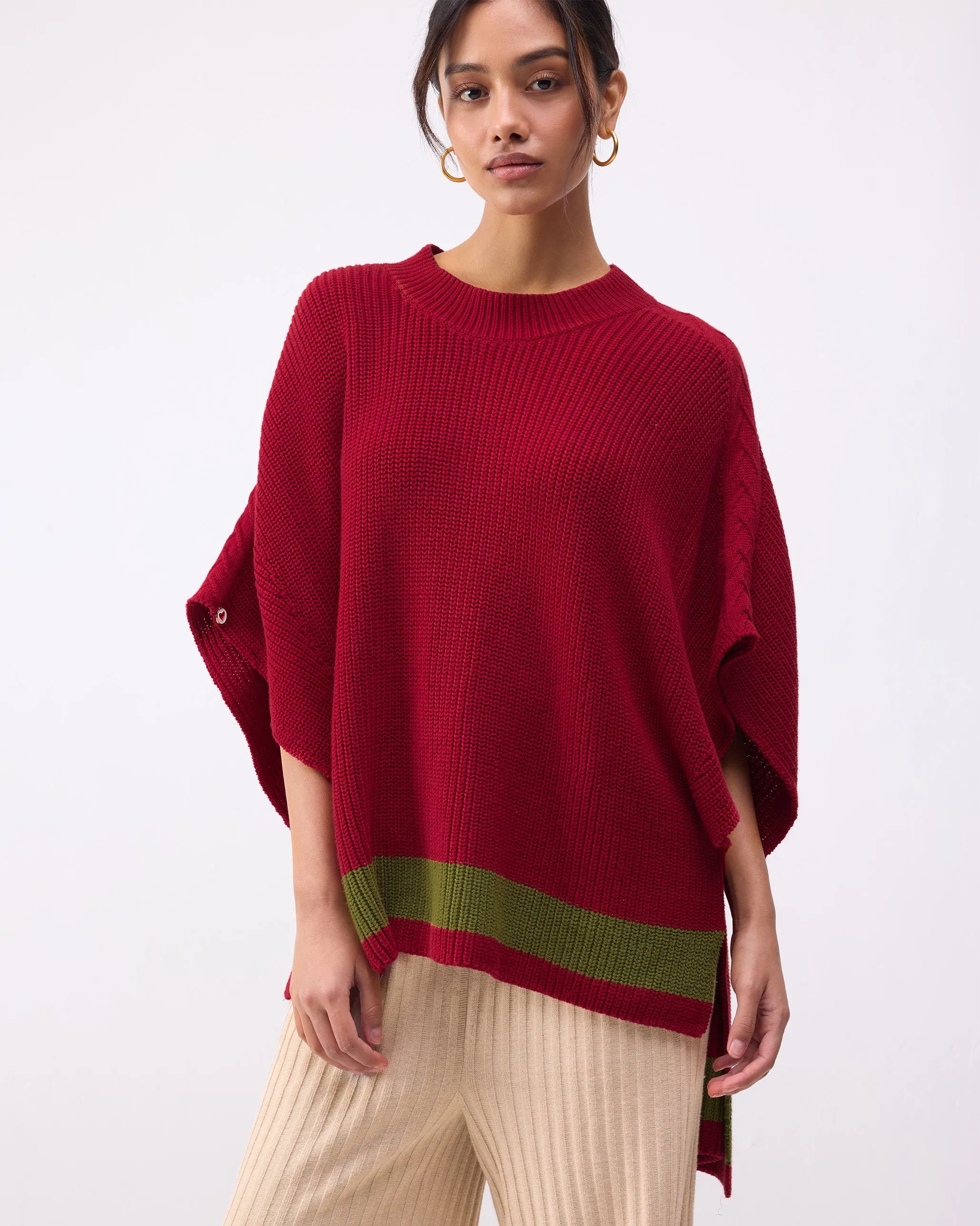 Dream High-low Hem Sweater - Red & Green Stripes