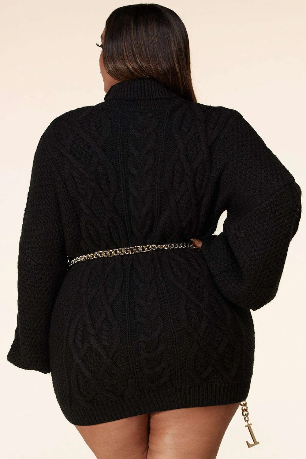 Fasheabe Plus Size Turtleneck Cable Knit Black Sweater Dress