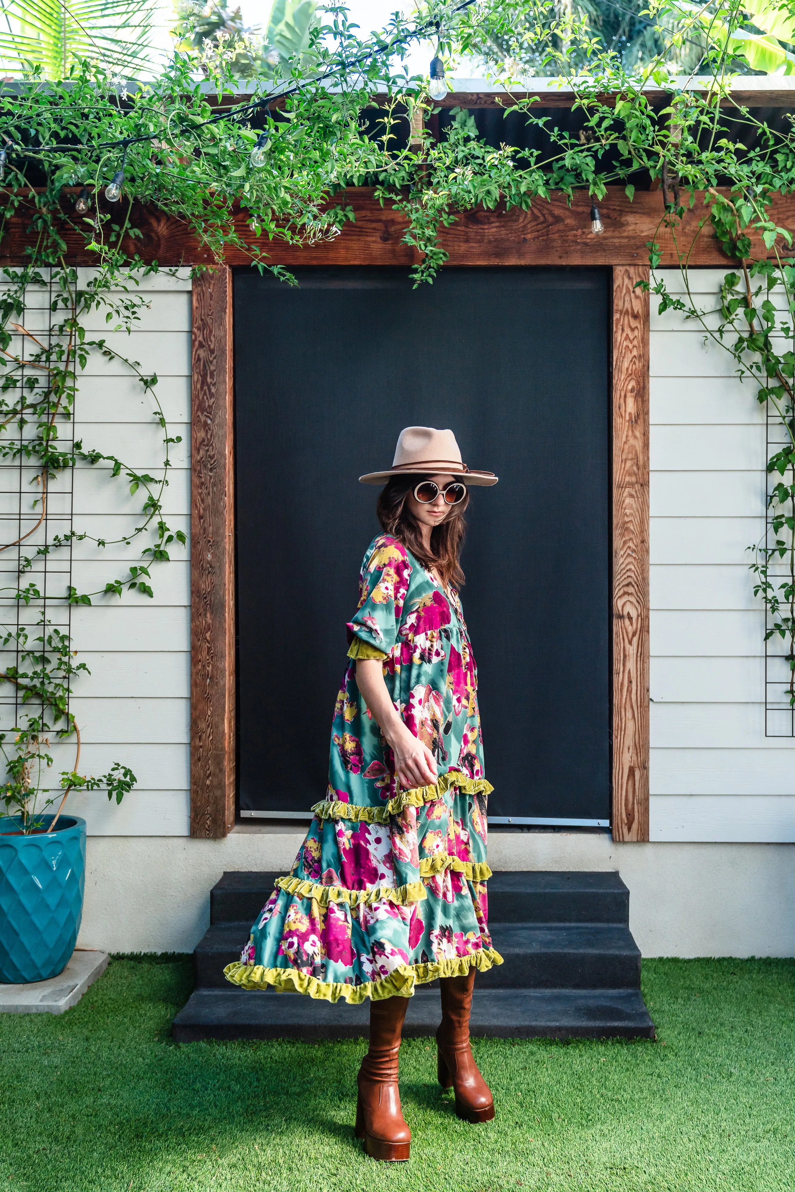 Fuchsia Fae Velvet Ruffle Maxi Dress