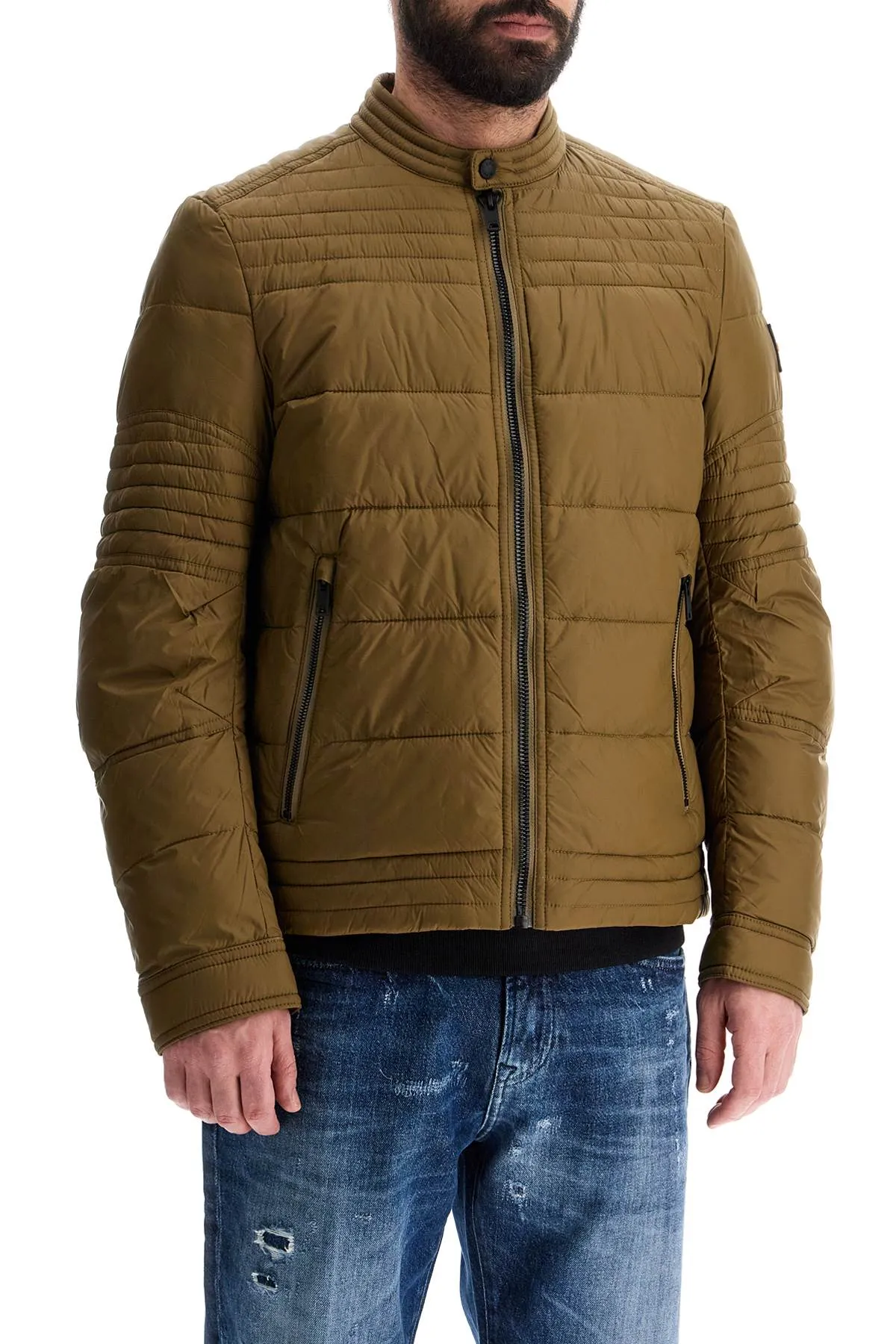 GREEN DOWN JACKET WITH HIGH COLLAR FOR MEN