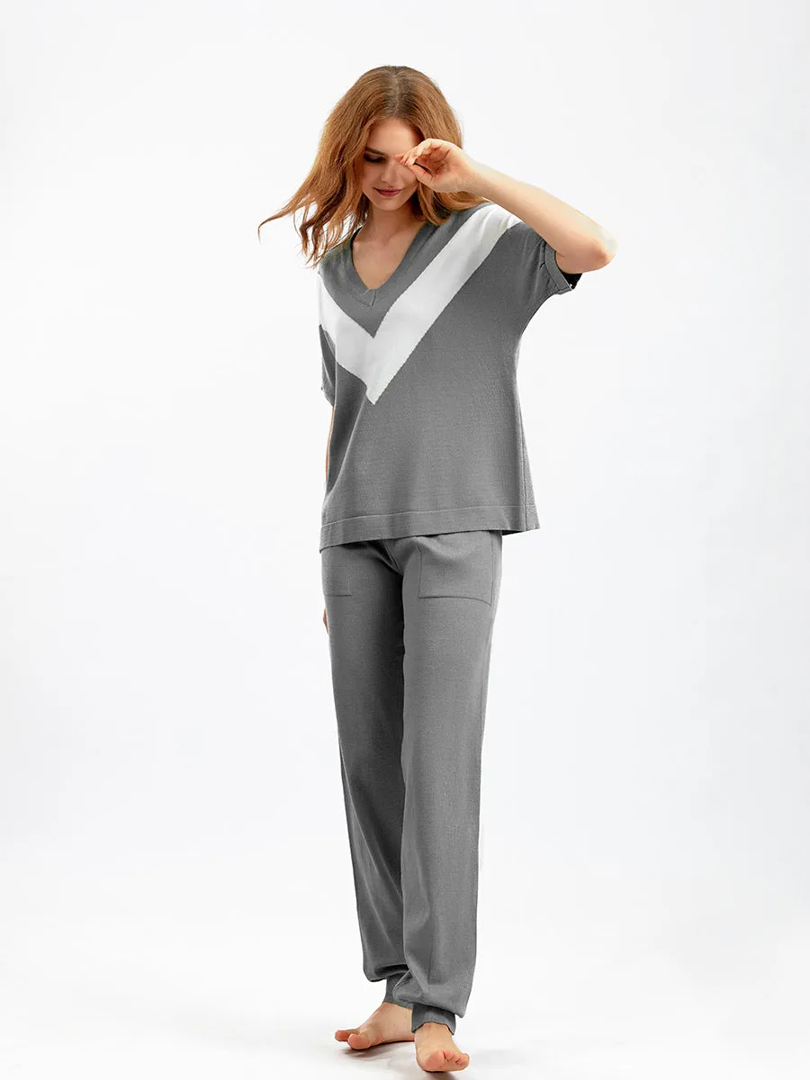 Grey Contrast Color High Waist Pajama Set