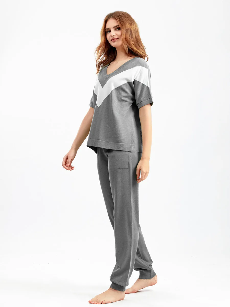 Grey Contrast Color High Waist Pajama Set