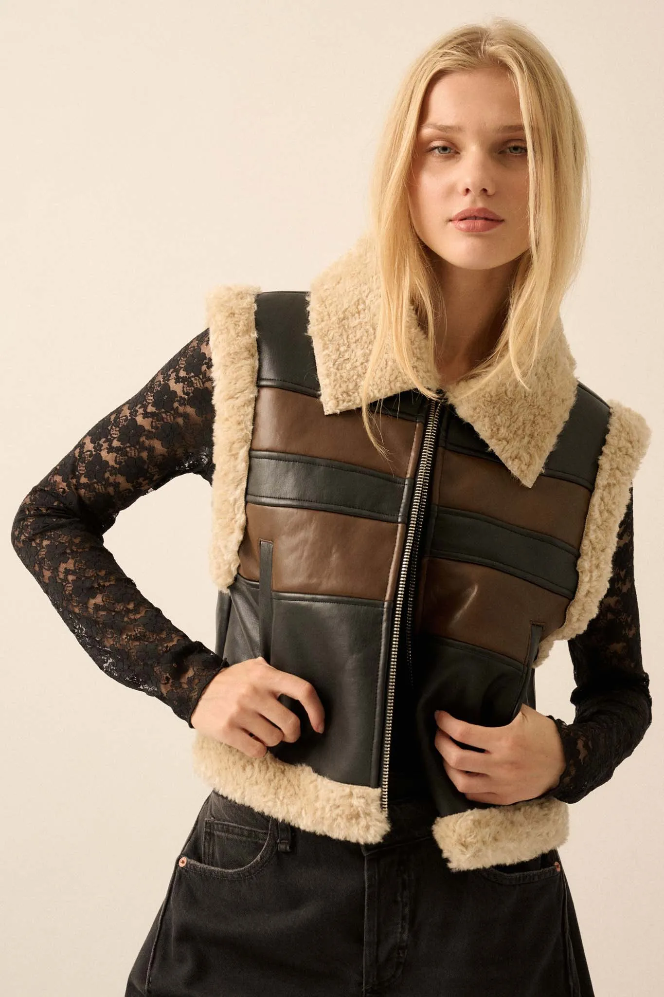 Hit the Highway Fur-Trim Vegan Leather Moto Vest