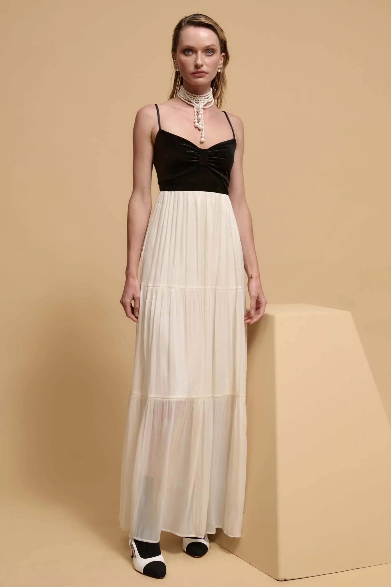 Hollywood Ending Velvet-Bodice Shimmer Maxi Dress