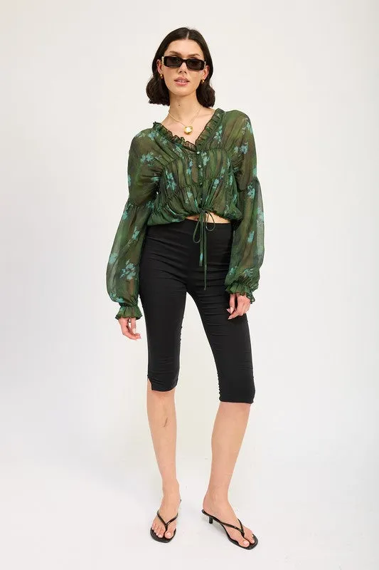 Hot Girl Forest Muse  Button Front Ruffled Long Sleeve Blouse