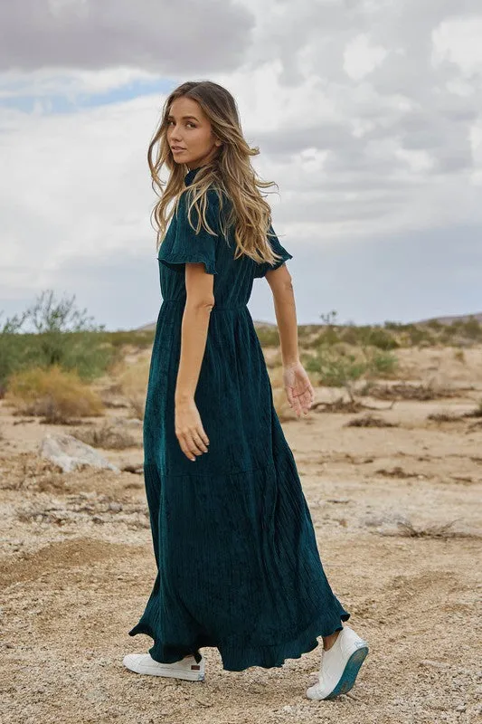 Hunter Green Ruffle Detailed Tiered Velvet Maxi Dress