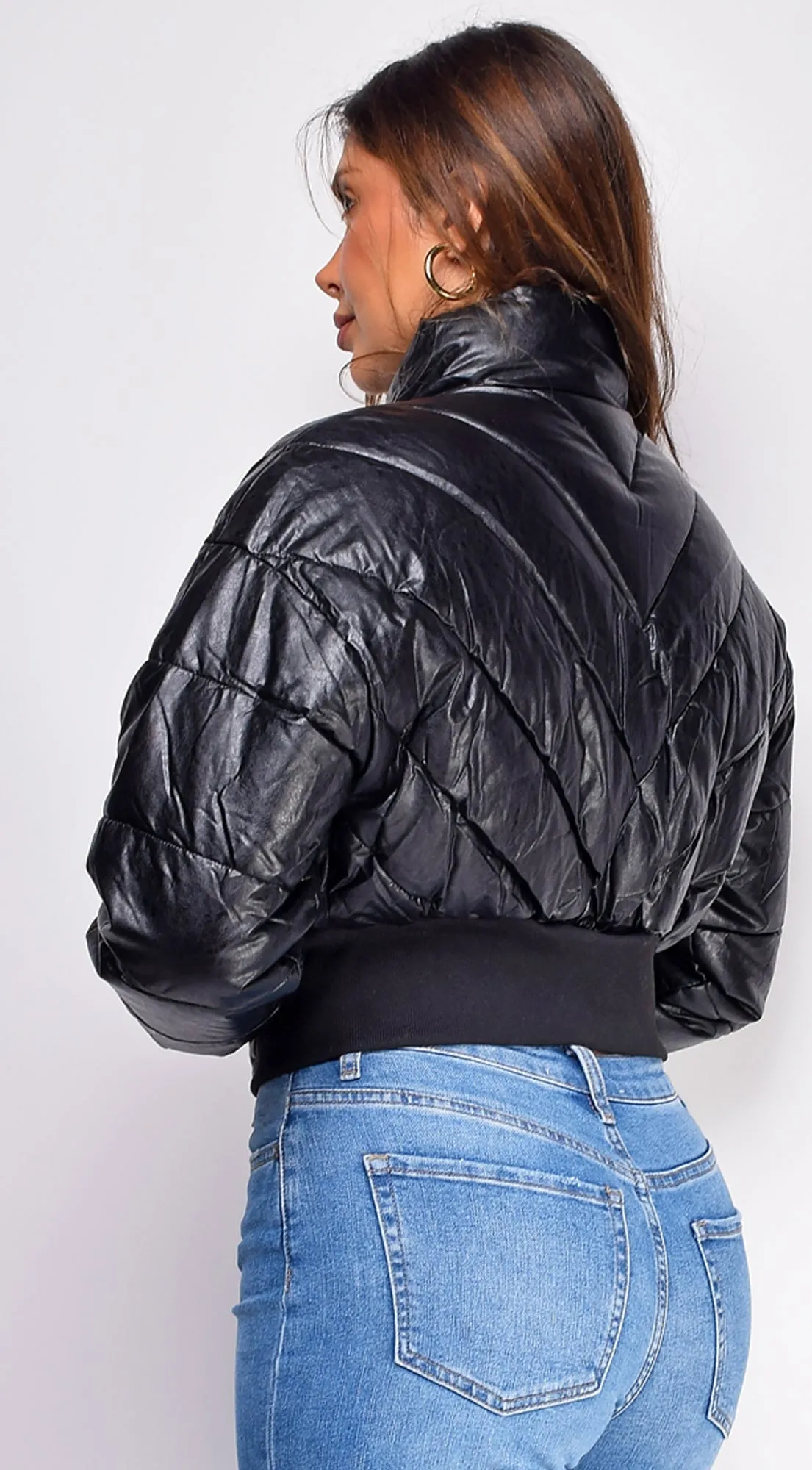 Imaria Black PU Leather Bubble Cropped Puffer Jacket