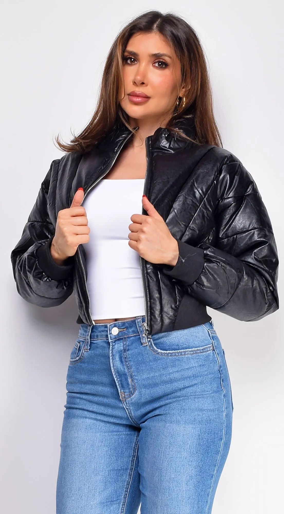 Imaria Black PU Leather Bubble Cropped Puffer Jacket