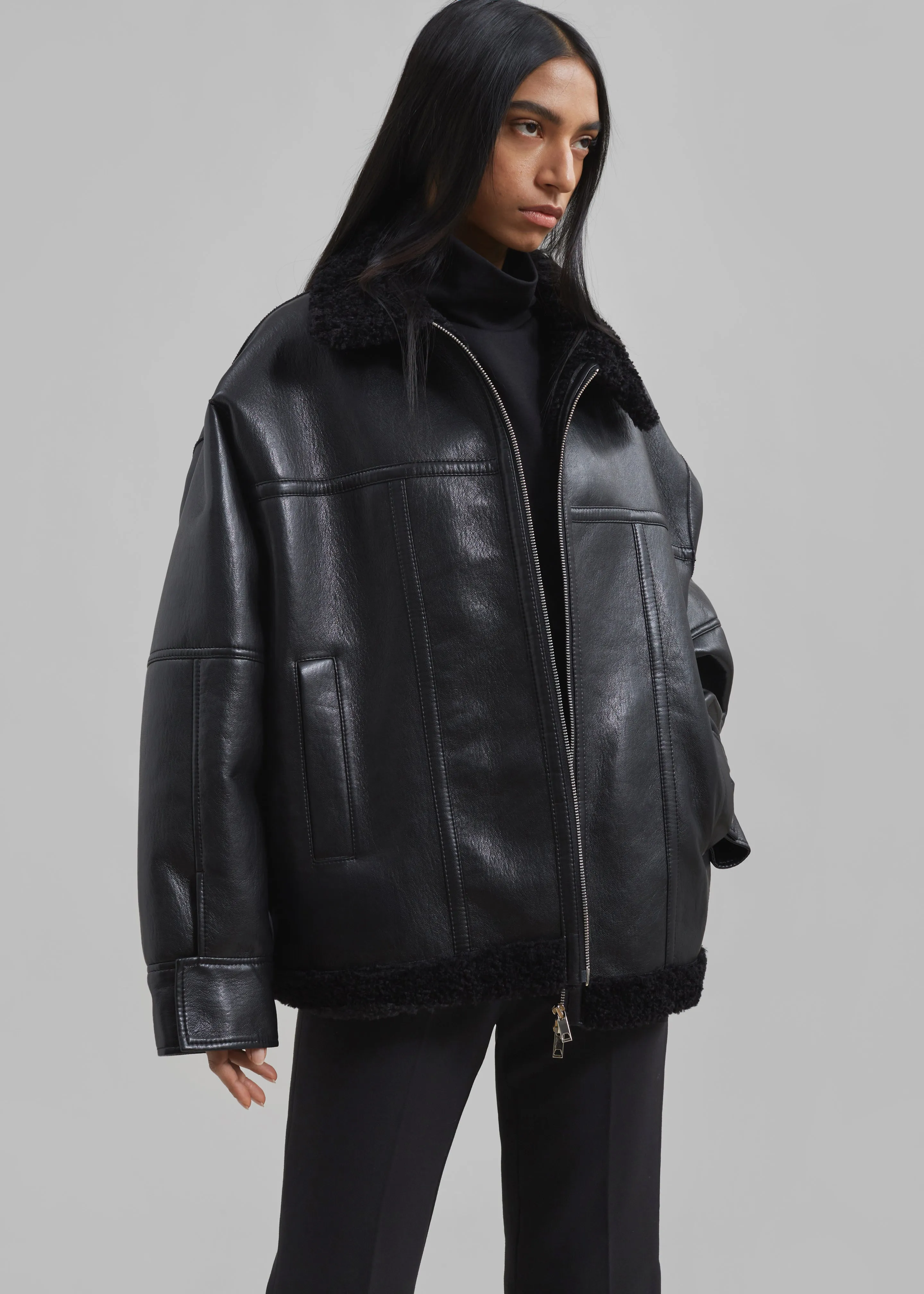 Ivanka Faux Leather Shearling Jacket - Black