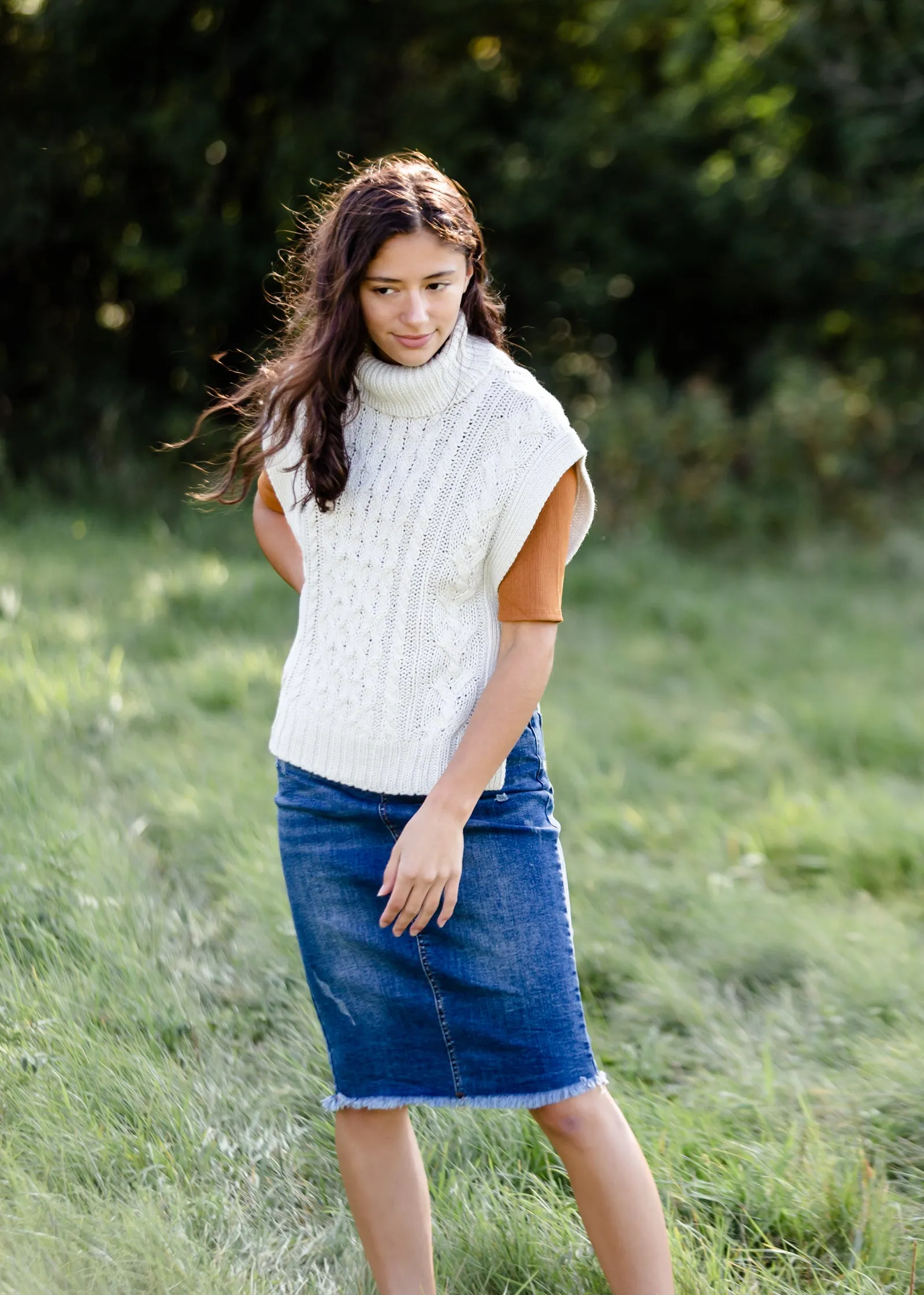 Ivory Turtleneck Cable Knit Sweater Vest - FINAL SALE