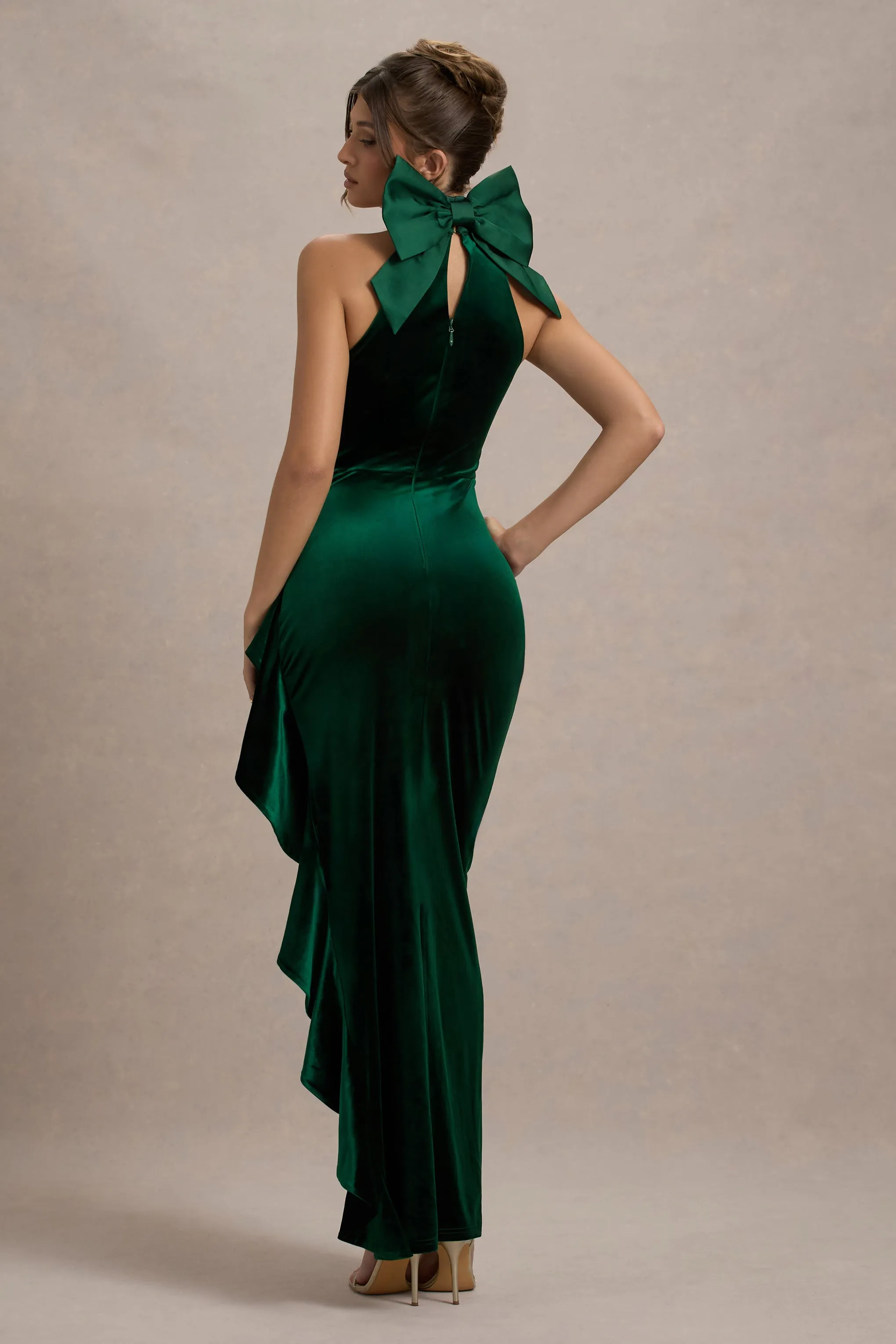 Janiya | Green Velvet High-Neck Ruffled Split Maxi Dress