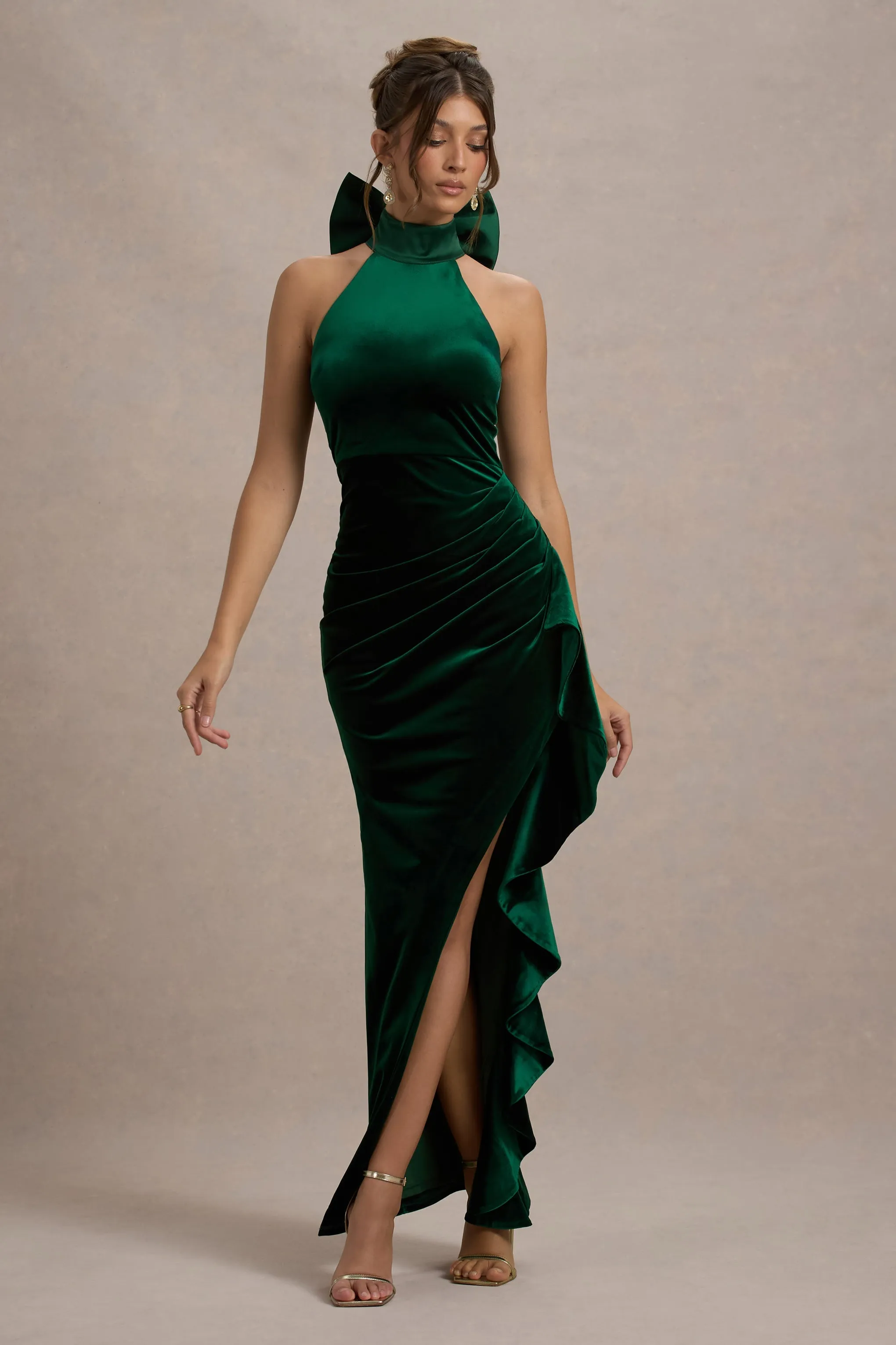 Janiya | Green Velvet High-Neck Ruffled Split Maxi Dress