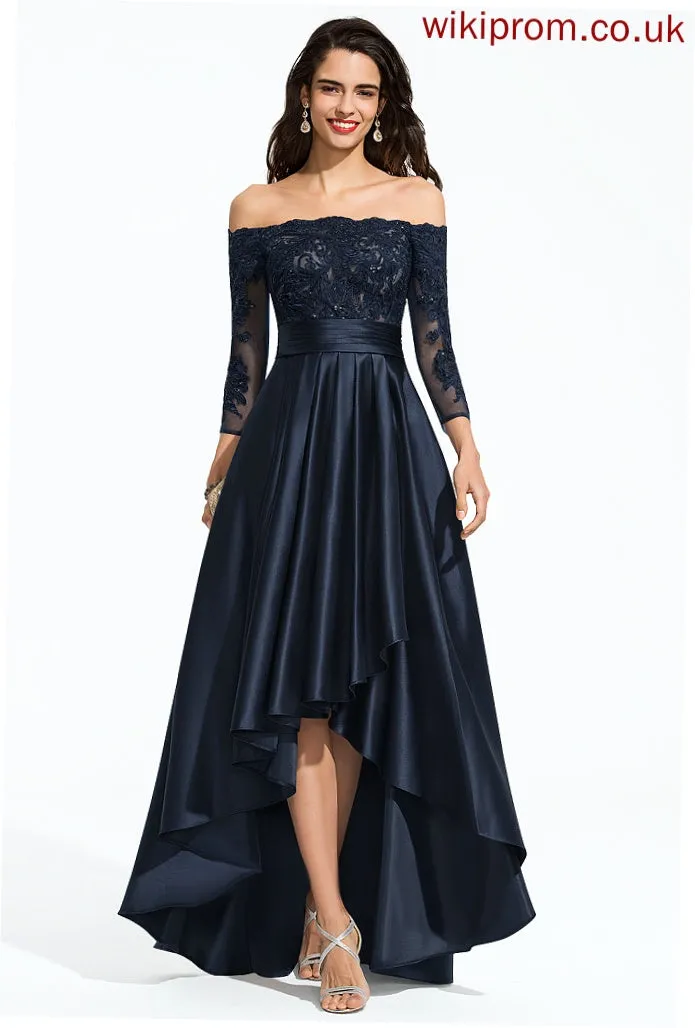 Lace Helena Sequins Off-the-Shoulder A-Line Ruffle Prom Dresses Satin With Asymmetrical