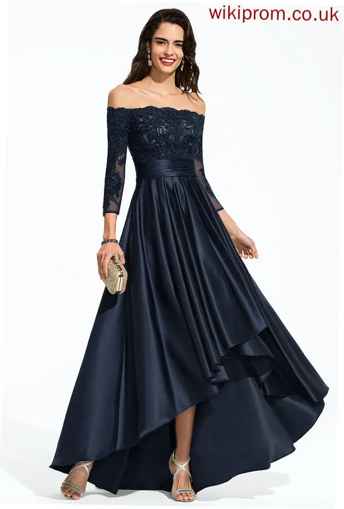 Lace Helena Sequins Off-the-Shoulder A-Line Ruffle Prom Dresses Satin With Asymmetrical