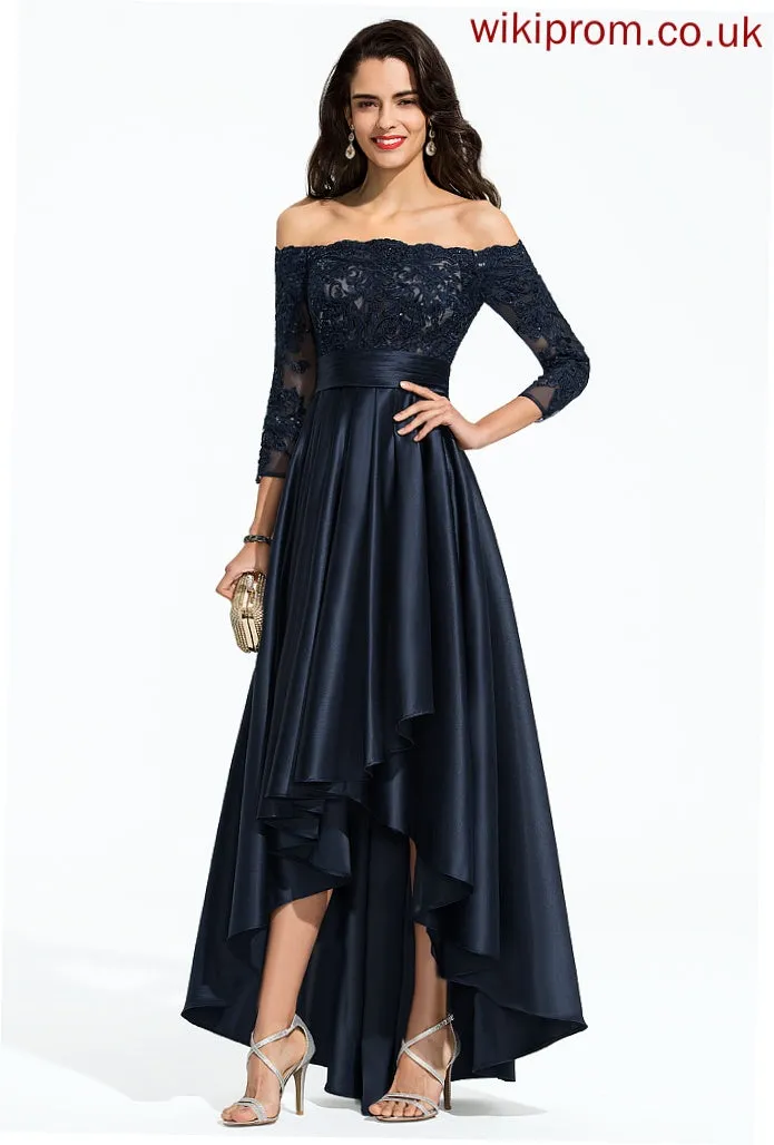 Lace Helena Sequins Off-the-Shoulder A-Line Ruffle Prom Dresses Satin With Asymmetrical