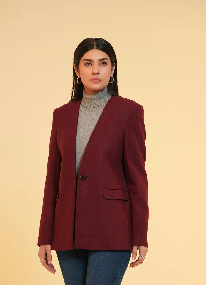 Ladies V Neck Single Button Jacket - Dark Maroon Plain