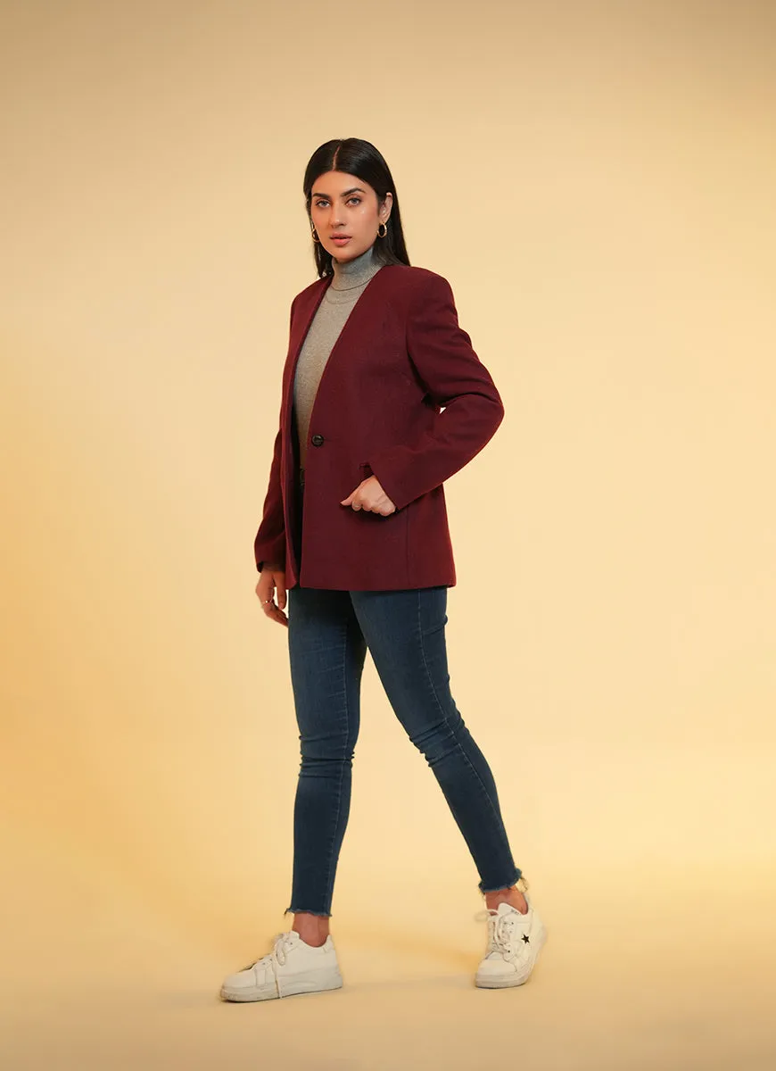 Ladies V Neck Single Button Jacket - Dark Maroon Plain