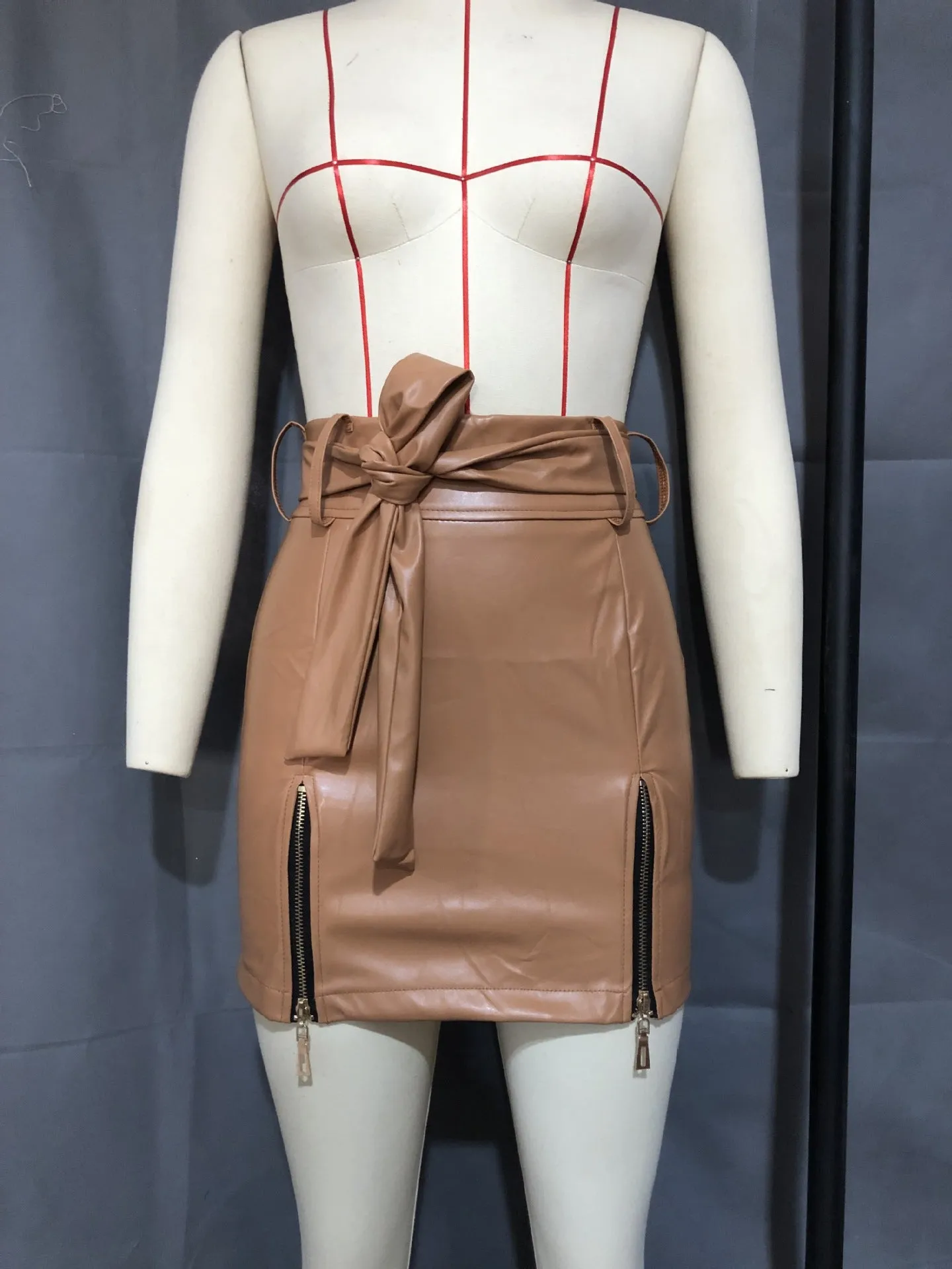 Leather Skirt Faux Leather Sexy Lace up Zipper High Waist Sheath Skirt