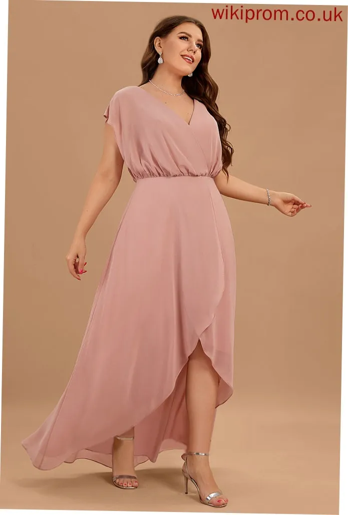 Length SplitFront Neckline Embellishment Fabric Asymmetrical V-neck Silhouette A-Line Janae Short Sleeves Natural Waist Bridesmaid Dresses