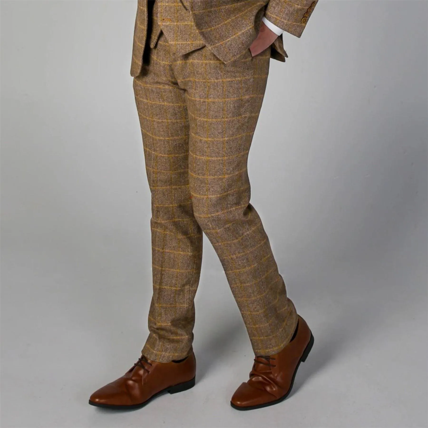 Men's Brown Trousers Tweed Herringbone Wool Blend Pants