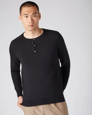 Men's Round Neck Cotton Cashmere Henley Black