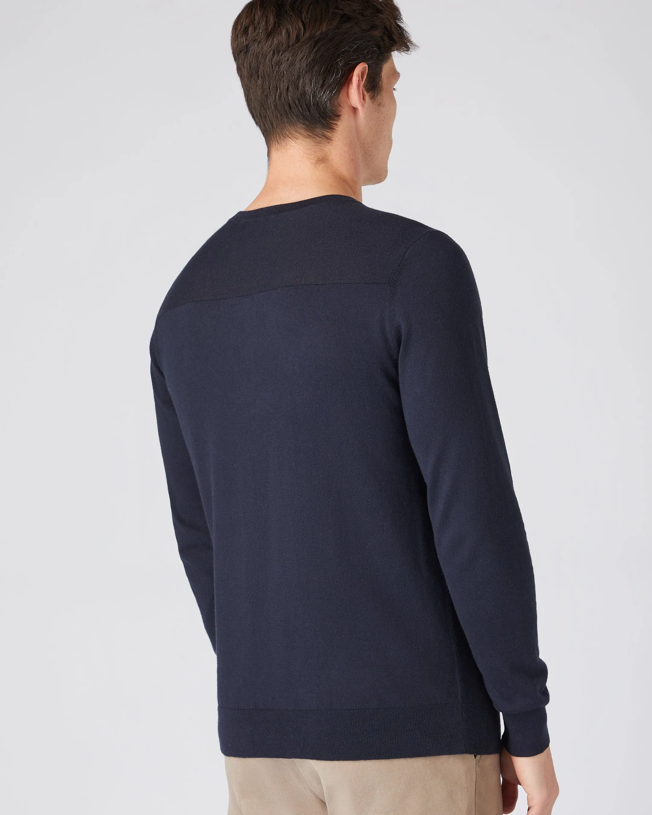 Men's Round Neck Cotton Cashmere Henley Navy Blue