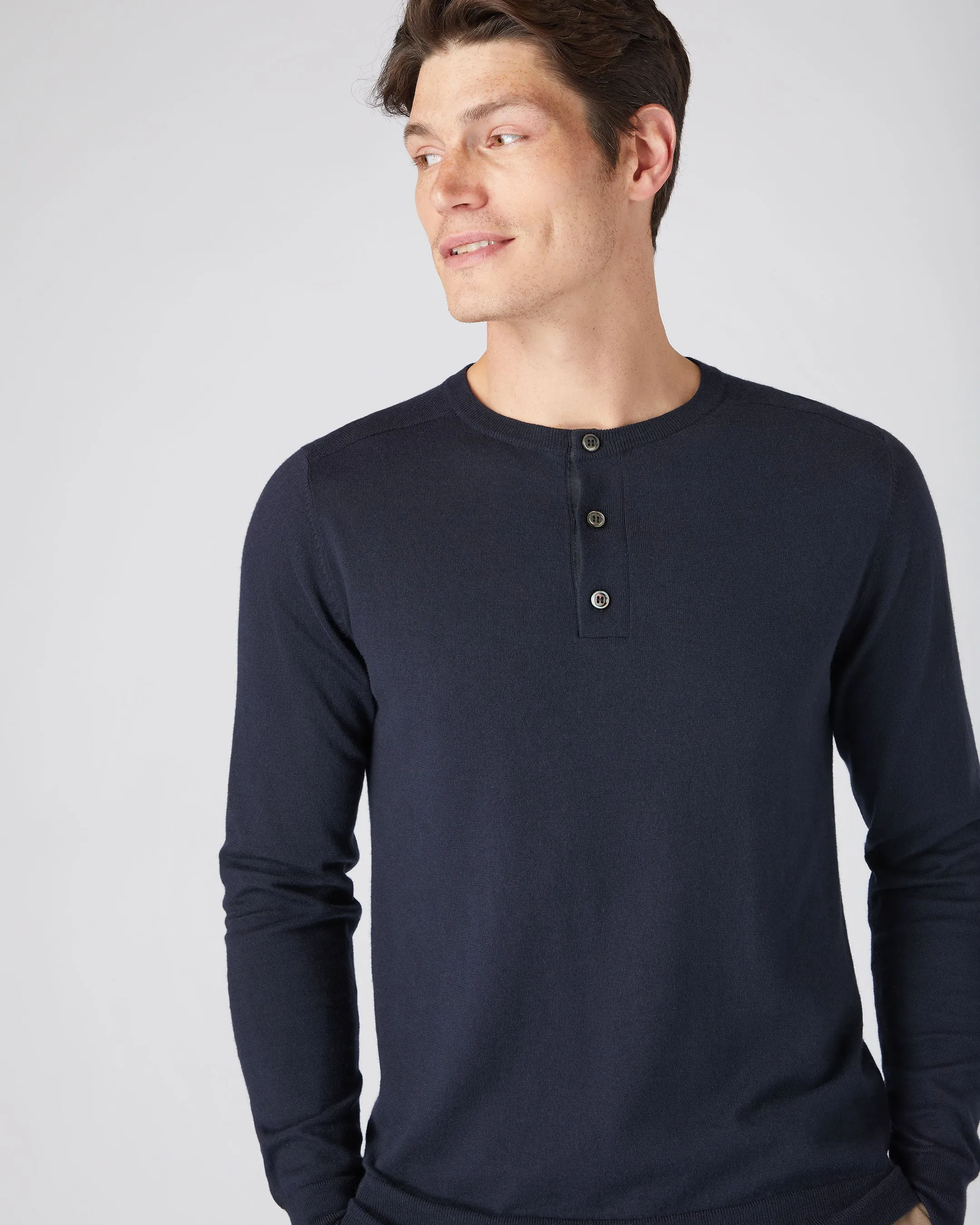 Men's Round Neck Cotton Cashmere Henley Navy Blue