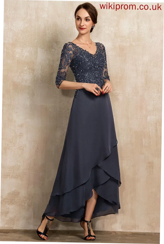 Mother Chiffon V-neck of Lace Asymmetrical A-Line Mother of the Bride Dresses Brenna Bride the With Beading Dress Sequins