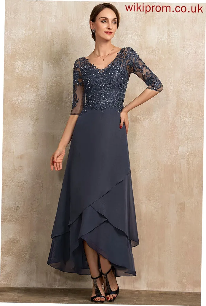 Mother Chiffon V-neck of Lace Asymmetrical A-Line Mother of the Bride Dresses Brenna Bride the With Beading Dress Sequins