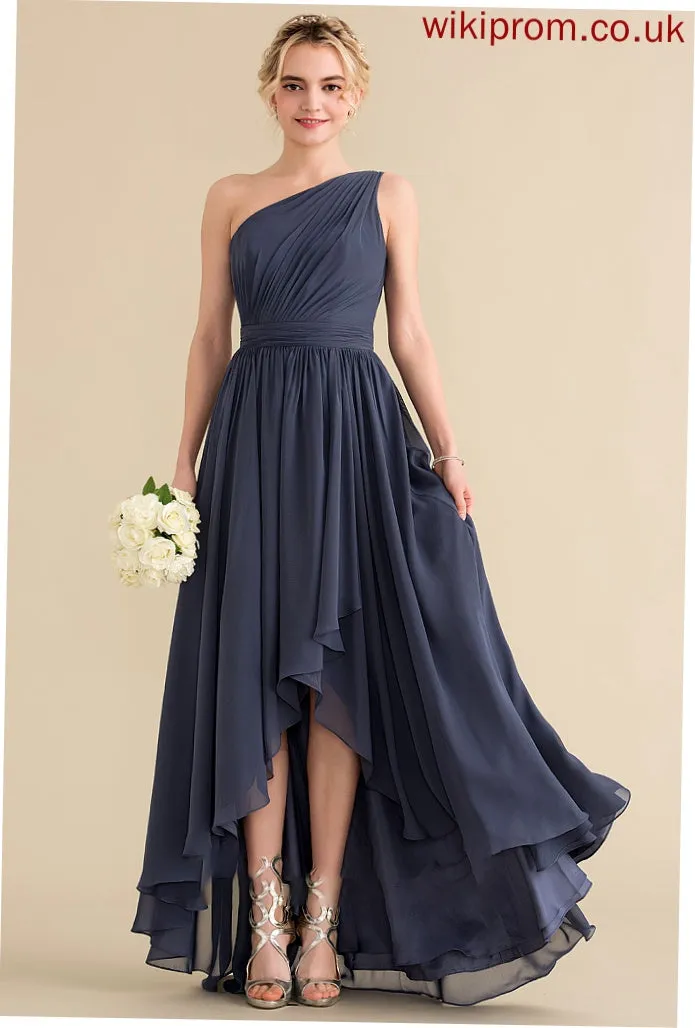 One-Shoulder Length A-Line Asymmetrical Fabric CascadingRuffles Silhouette Neckline Embellishment Ashly Short/Mini Sleeveless Bridesmaid Dresses