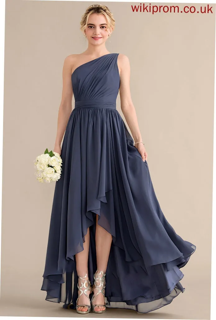 One-Shoulder Length A-Line Asymmetrical Fabric CascadingRuffles Silhouette Neckline Embellishment Ashly Short/Mini Sleeveless Bridesmaid Dresses