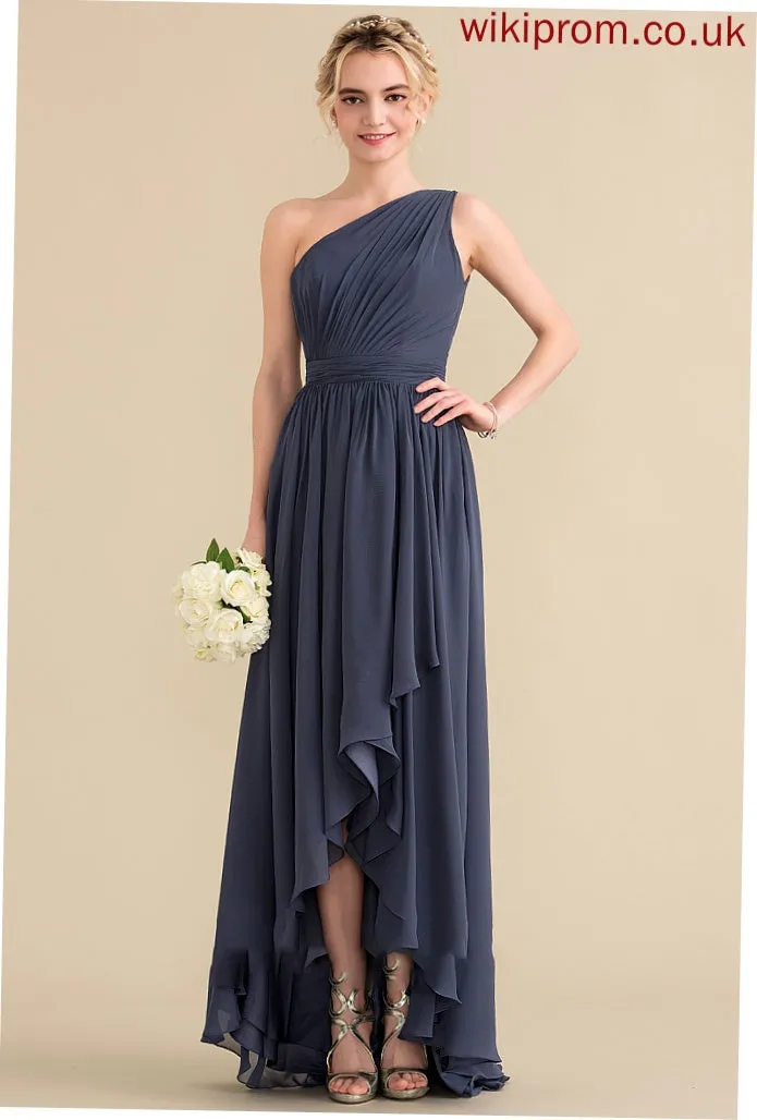 One-Shoulder Length A-Line Asymmetrical Fabric CascadingRuffles Silhouette Neckline Embellishment Ashly Short/Mini Sleeveless Bridesmaid Dresses