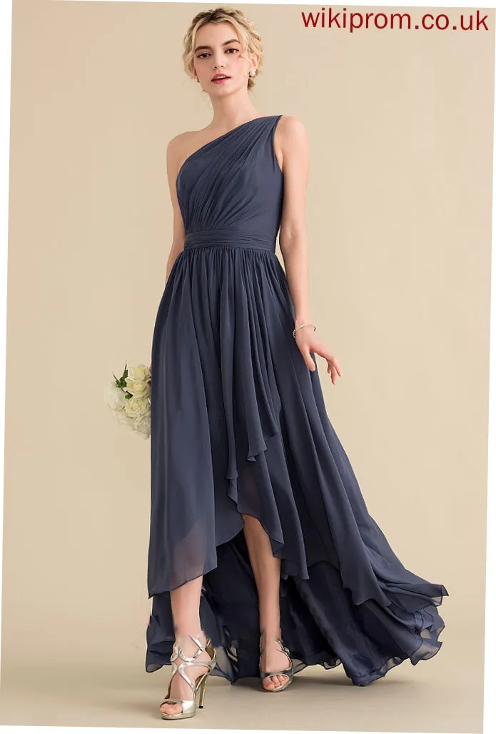 One-Shoulder Length A-Line Asymmetrical Fabric CascadingRuffles Silhouette Neckline Embellishment Ashly Short/Mini Sleeveless Bridesmaid Dresses