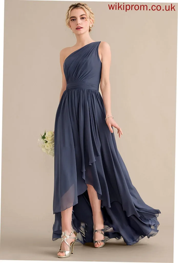 One-Shoulder Length A-Line Asymmetrical Fabric CascadingRuffles Silhouette Neckline Embellishment Ashly Short/Mini Sleeveless Bridesmaid Dresses