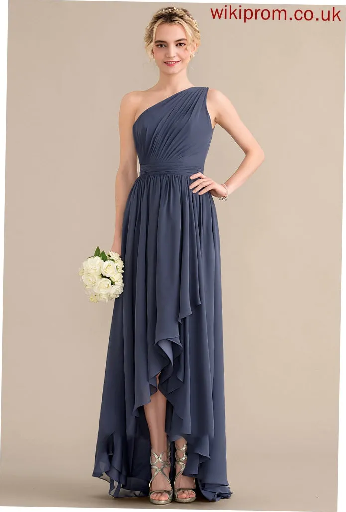 One-Shoulder Length A-Line Asymmetrical Fabric CascadingRuffles Silhouette Neckline Embellishment Ashly Short/Mini Sleeveless Bridesmaid Dresses