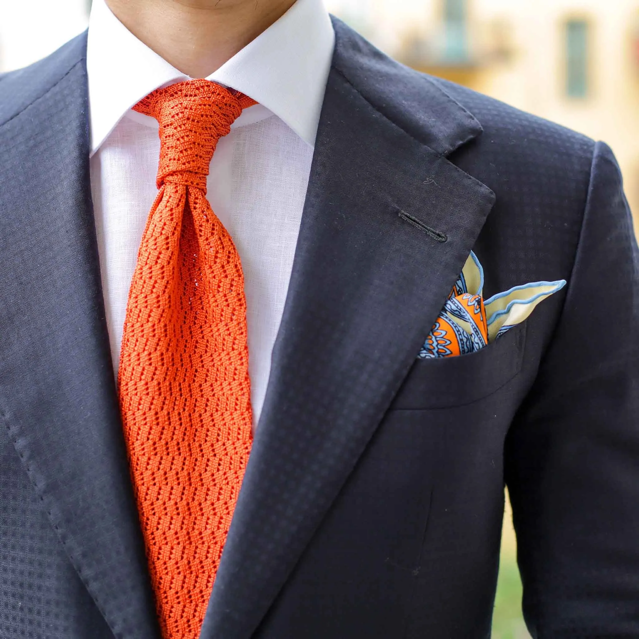 Orange Zig Zag V Point Knitted Tie