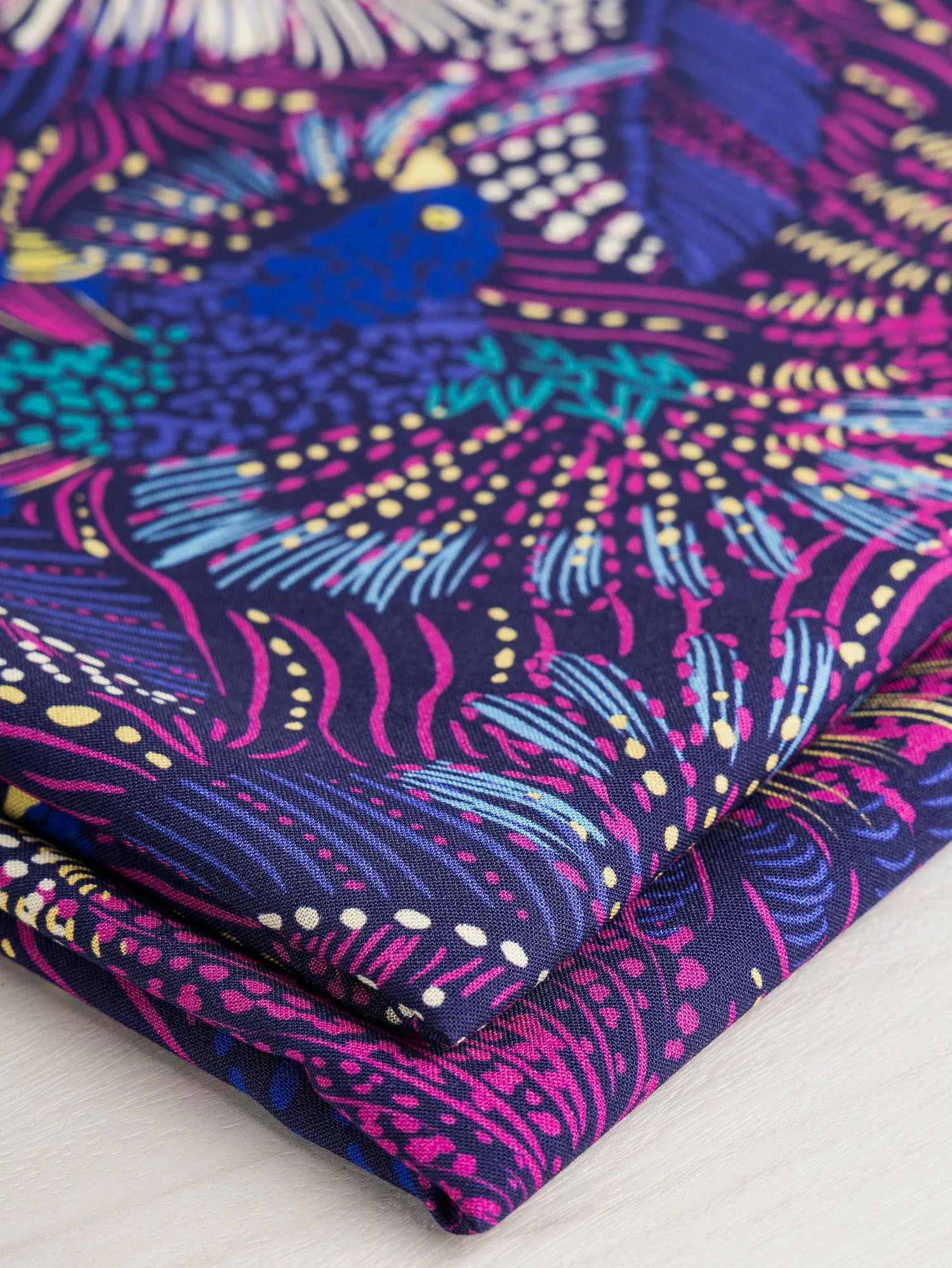 Peacock Print Viscose - Navy   Magenta   Yellow - Swatch