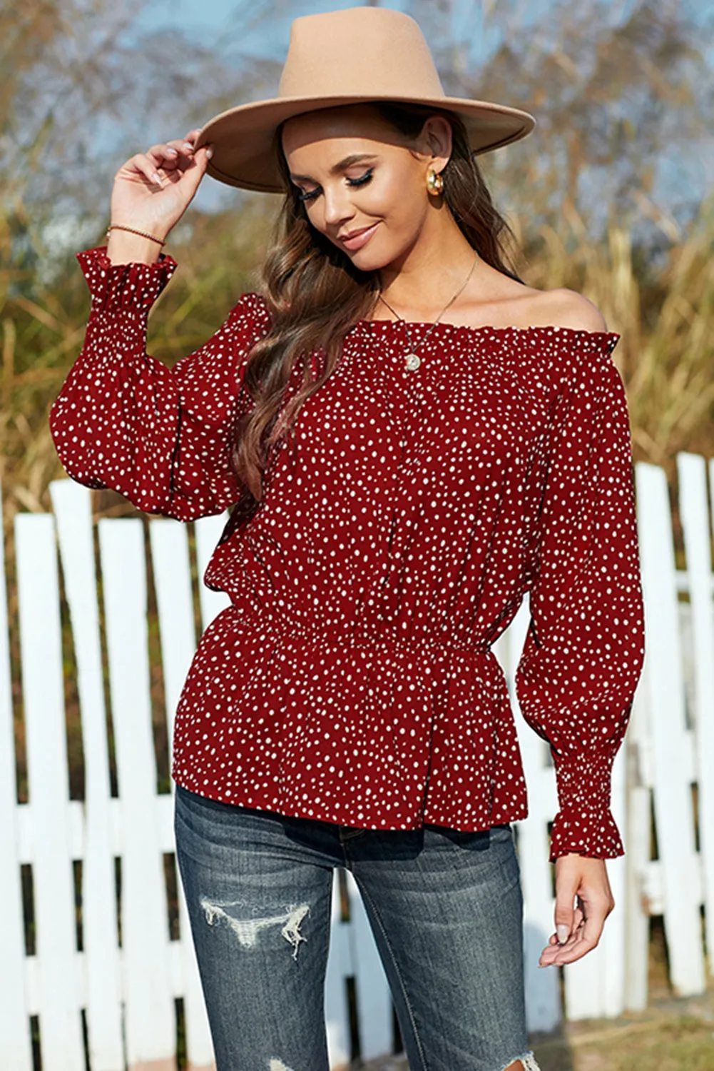 Polka Dot Off Shoulder Ruffle Top