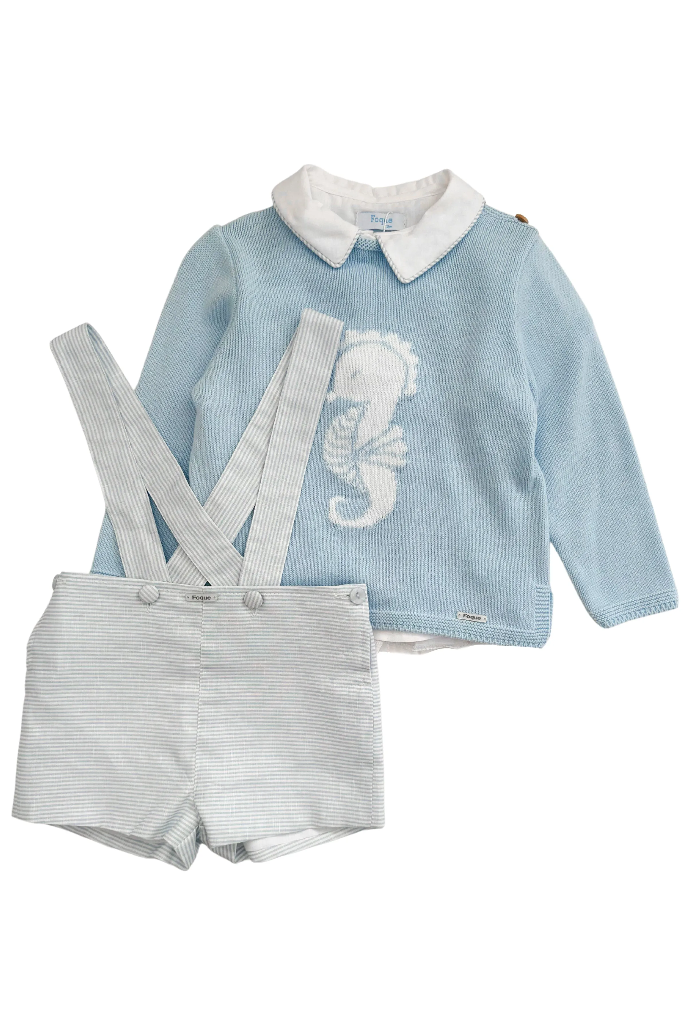 "Beau" Blue Knit Seahorse Jumper, Shirt & Shorts