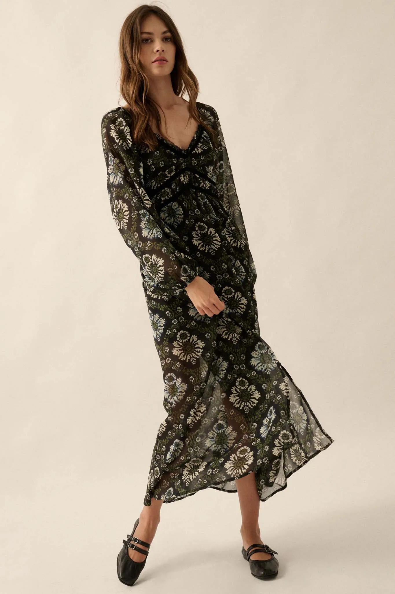 Rare Beauty Floral Chiffon Maxi Prairie Dress