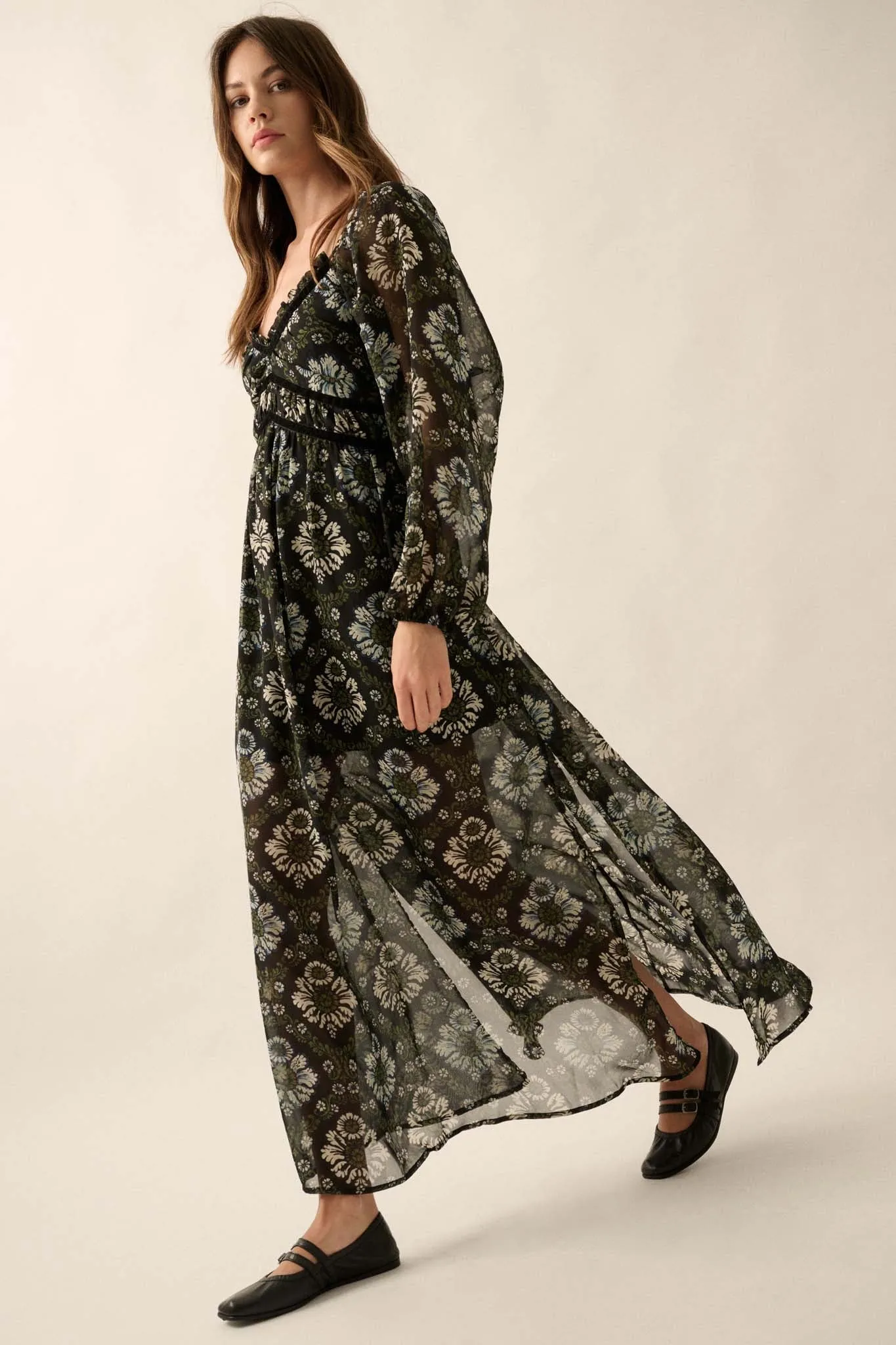 Rare Beauty Floral Chiffon Maxi Prairie Dress