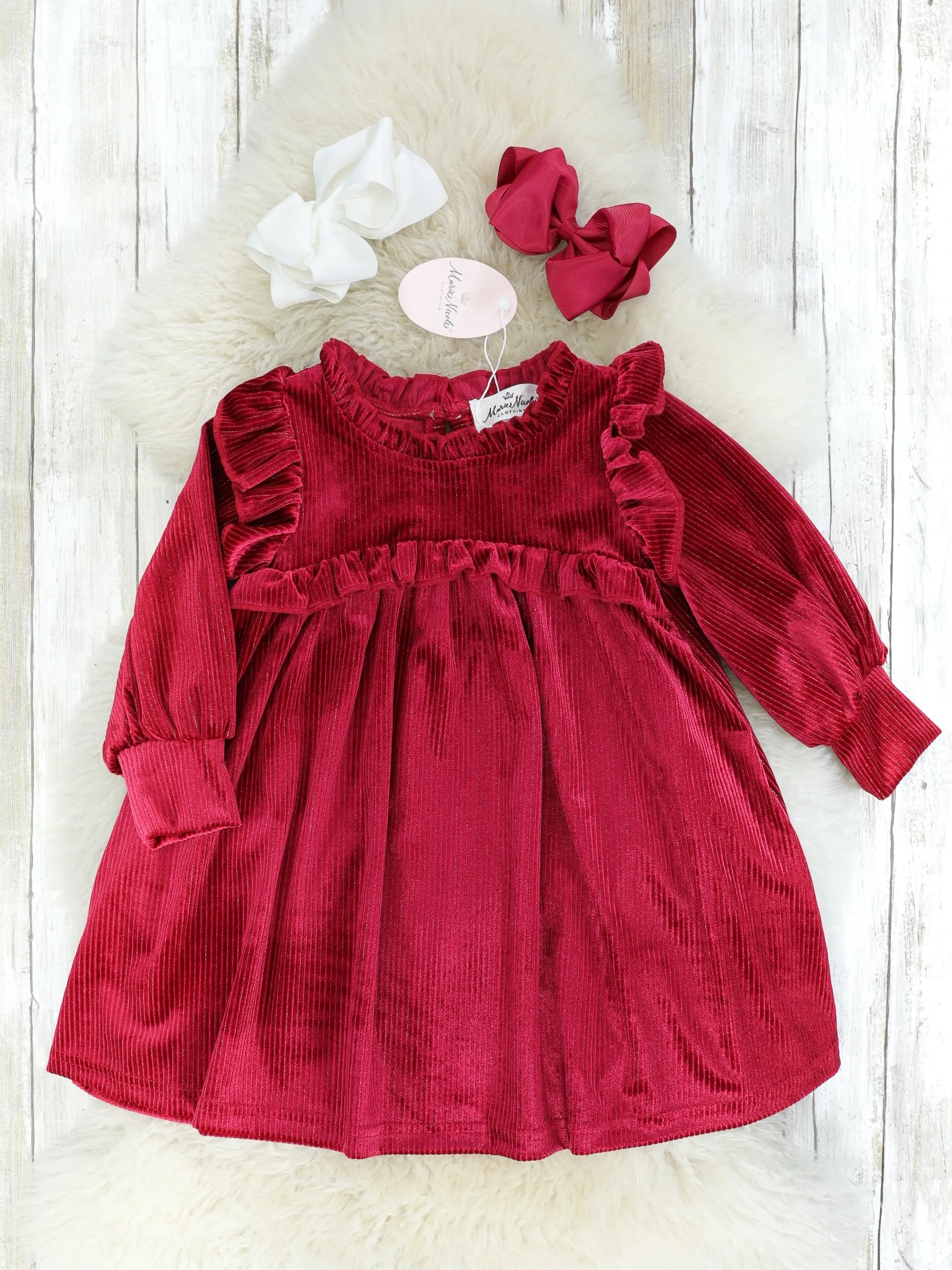 Ribbed Cranberry Velvet Ruffle Dress