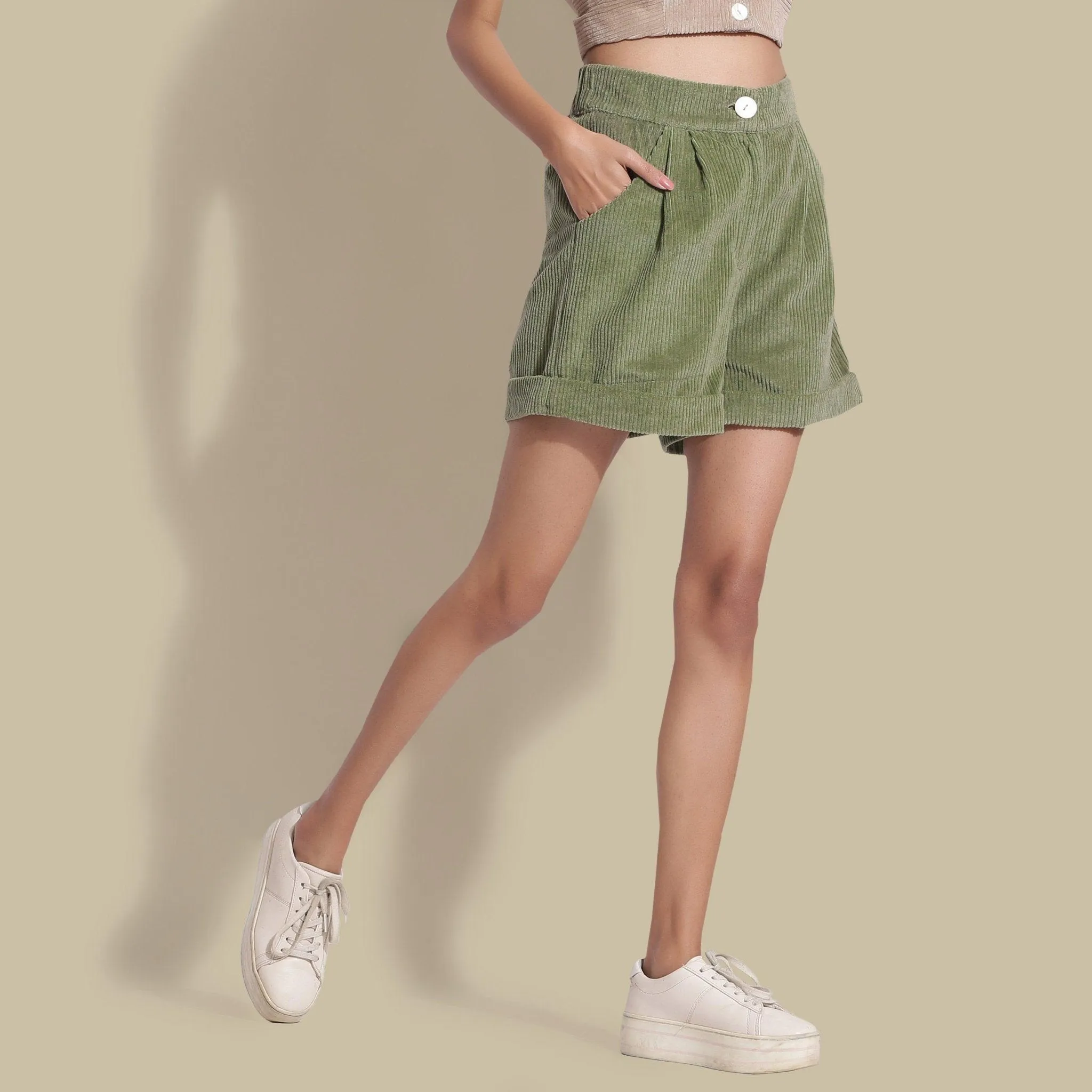 Sage Green Warm Cotton Corduroy Baggy Shorts