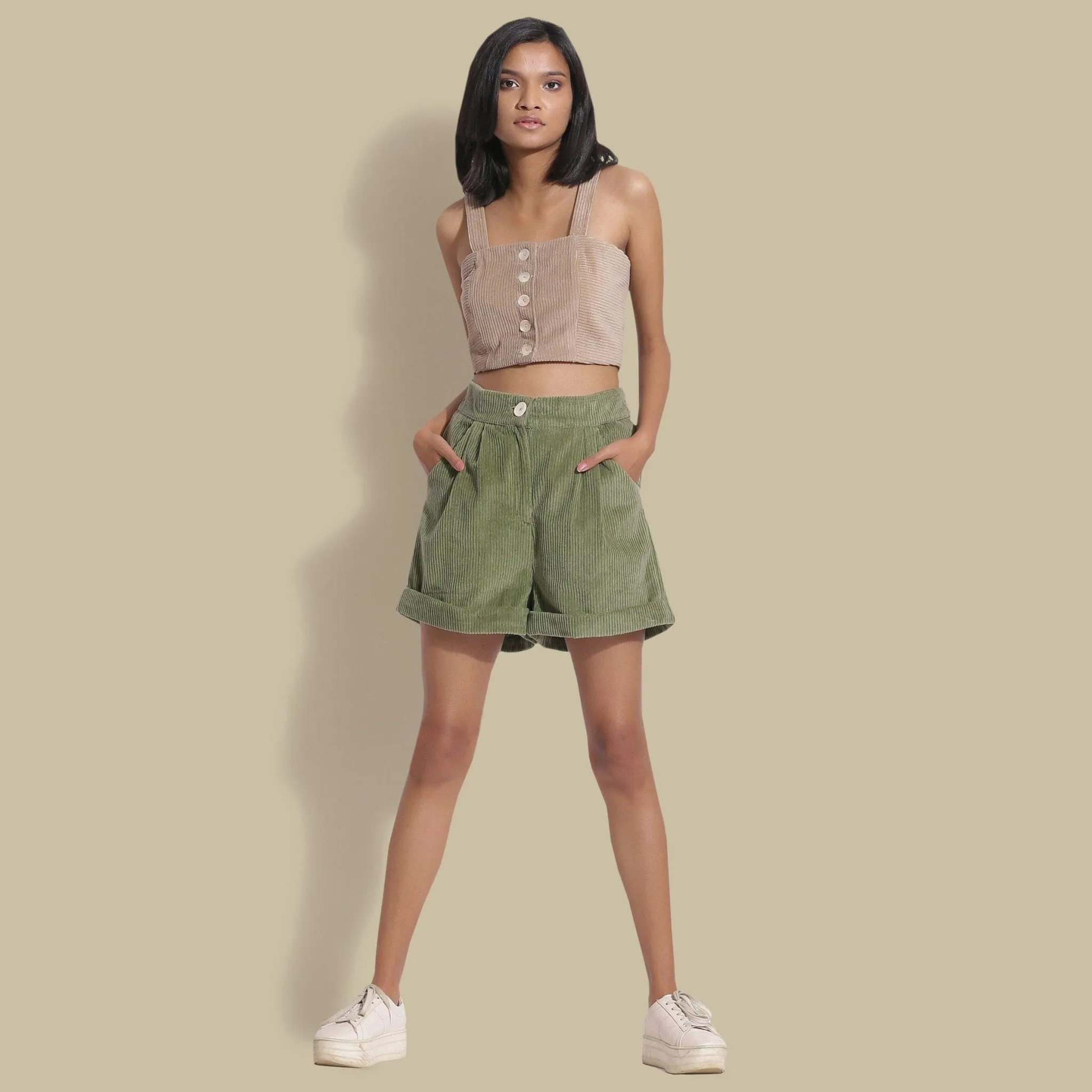 Sage Green Warm Cotton Corduroy Baggy Shorts