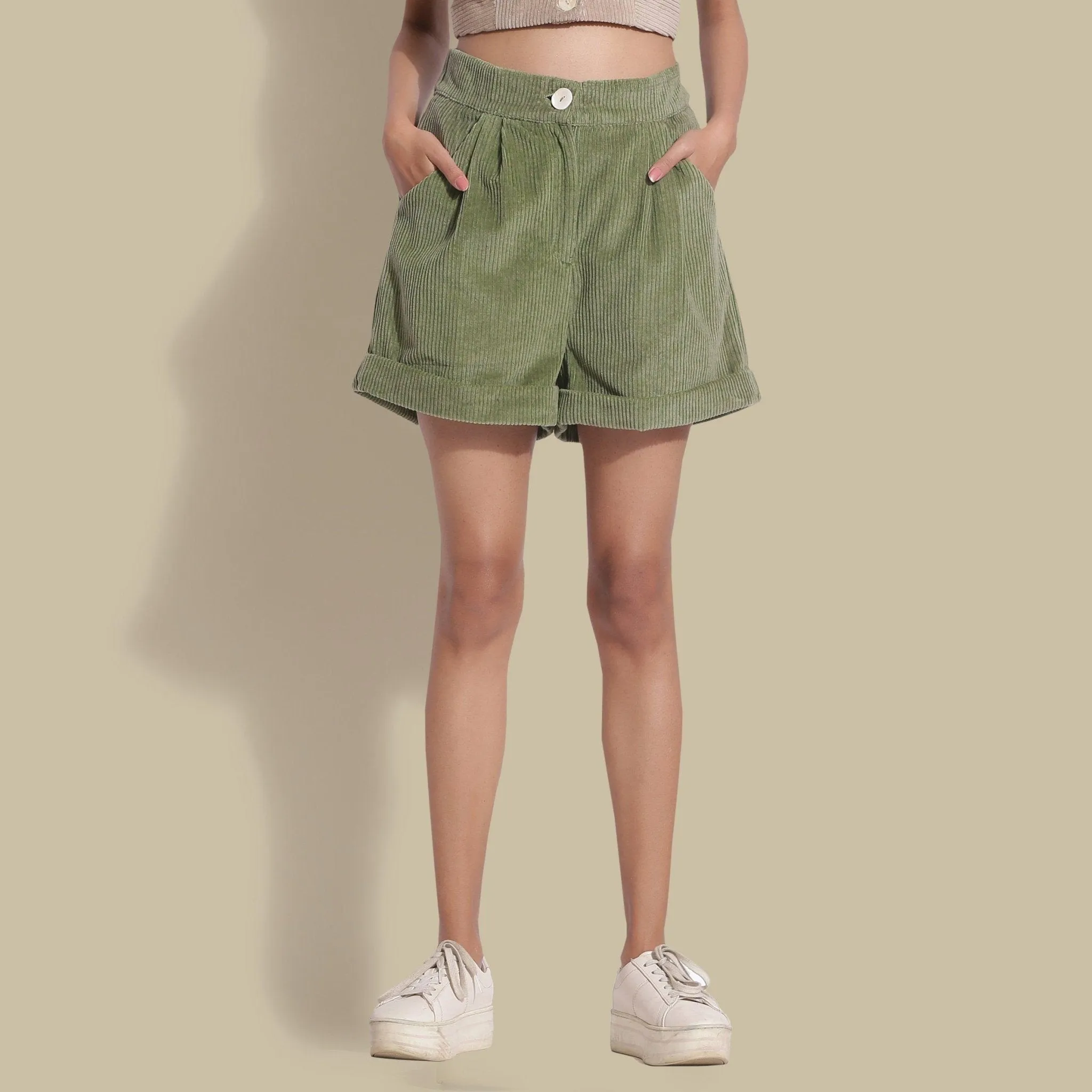 Sage Green Warm Cotton Corduroy Baggy Shorts