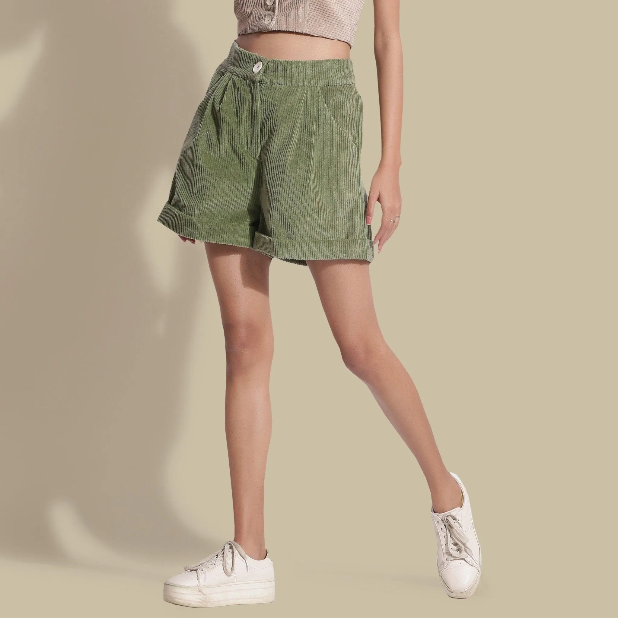 Sage Green Warm Cotton Corduroy Baggy Shorts