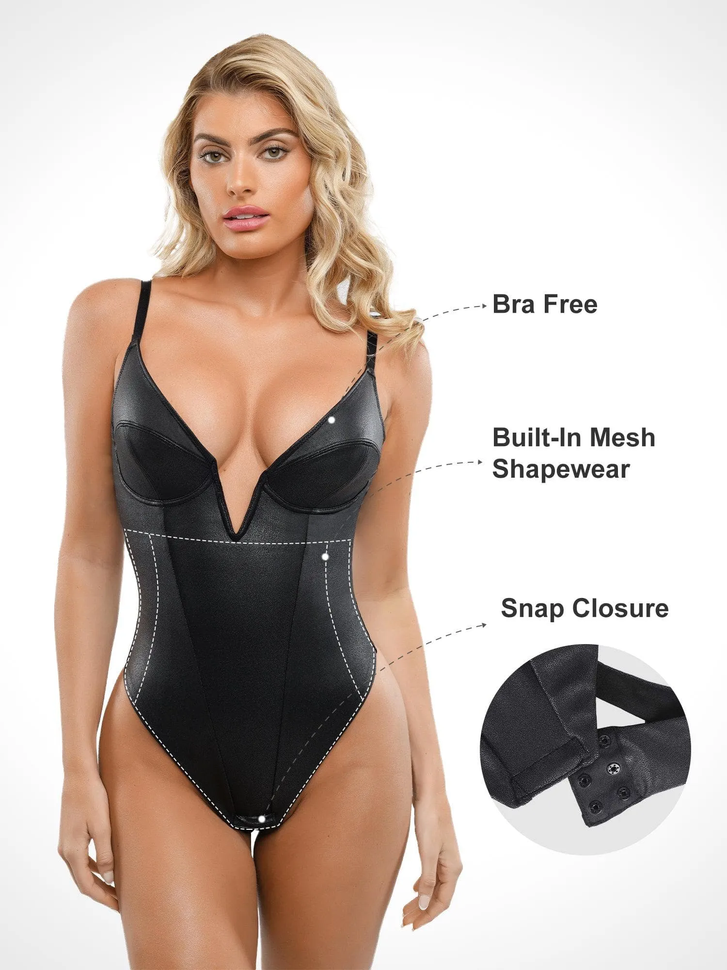 Shapewear Faux Leather Plunging V Sculpting Corset Bodysuit For Insiders